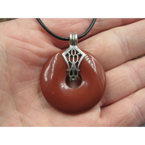 18" Sterling Silver & Leather Brown Circle Stone Necklace Vintage Minimalist - Picture 2 of 7